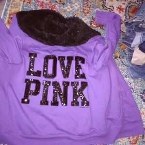 Victoria Secret Purple Bling Love Pink Hoodie Sequins L Dog VS Jacket Coat